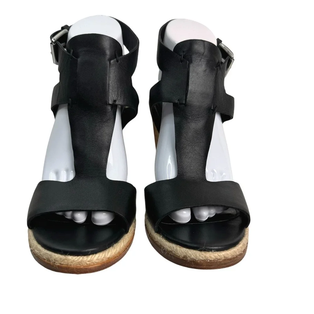Sigerson Morrison Women's Black Leather Cork Wedge‎ Espadrille T Strap Sandals 9